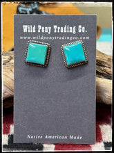Load image into Gallery viewer, Virginia Becenti, Navajo silversmith.  Sterling silver and Kingman turquoise square studs.  
