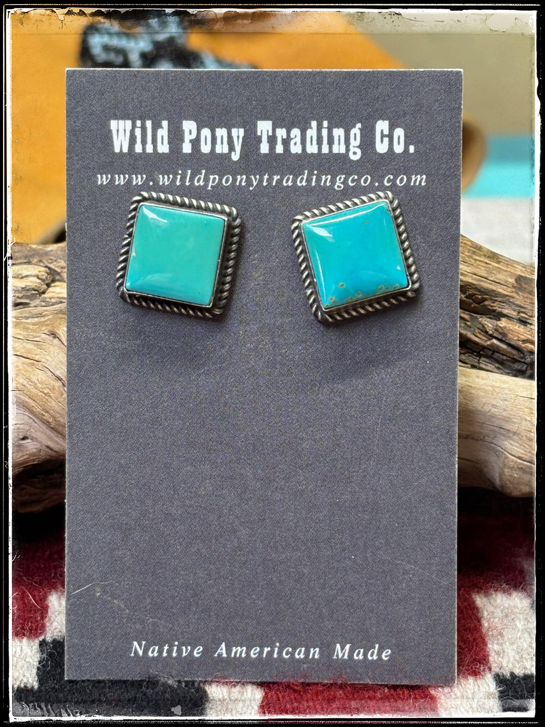 Virginia Becenti, Navajo silversmith.  Sterling silver and Kingman turquoise square studs.  