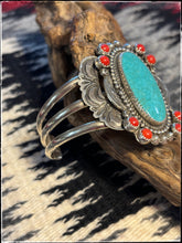 Load image into Gallery viewer, Ernest &quot;Bo&quot; Reeder, Navajo silversmith. Turquoise and coral, triple split shank cuff.  Side view.
