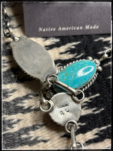 Load image into Gallery viewer, Augustine Largo, Navajo silversmith. Kingman turquoise Y necklace set with matching earrings.   AL Hallmark
