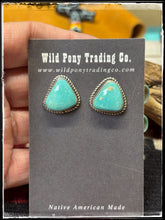 Load image into Gallery viewer, Judith Dixon, Navajo silversmith. Sterling silver and Kingman turquoise stud earrings. 
