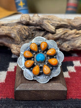Load image into Gallery viewer, Kee Johnson, Navajo silversmith.  Sterling silver, orange spiny shell, and turquoise cluster rings with an adjustable band.   Option A. 
