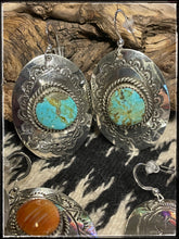 Load image into Gallery viewer, Hand stamped, sterling silver and either turquoise, orange spiny or plain silver earrings from Navajo silversmith Ernest &quot;Bo&quot; Reeder.  Turquoise
