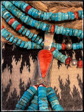 Load image into Gallery viewer, Daniel Coriz, Santo Domingo Pueblo artist - turquoise bead and spiny oyster beads along with a sterling silver, turquoise, and spiny oyster Jacla pendant. 
