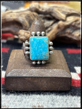 Load image into Gallery viewer, Michael Calladitto, Navajo silversmith.  Sterling silver and Kingman turquoise square rings.
