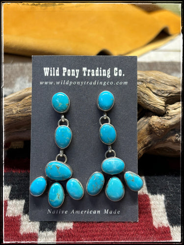 Danny Henio, Navajo silversmith.  Sterling silver and turquoise semi cluster earrings. 