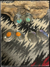 Load image into Gallery viewer, Hand stamped, sterling silver and either turquoise, orange spiny or plain silver earrings from Navajo silversmith Ernest &quot;Bo&quot; Reeder. 
