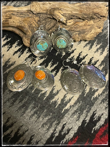 Hand stamped, sterling silver and either turquoise, orange spiny or plain silver earrings from Navajo silversmith Ernest 
