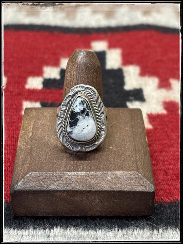 Freda Martinez, Navajo silversmith.  White Buffalo and sterling silver ring, size 7.