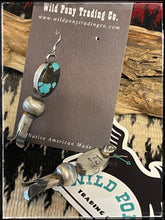 Load image into Gallery viewer, Tia Long, navajo silversmith, Thunder Mountain turquoise and sterling silver squash blossom earrings  - hallmark
