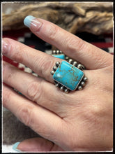 Load image into Gallery viewer, Michael Calladitto, Navajo silversmith.  Sterling silver and Kingman turquoise square rings.
