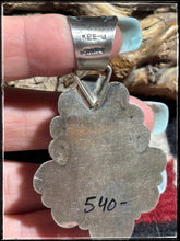 Load image into Gallery viewer, Kee Johnson, Navajo silversmith.  Sterling silver, White Buffalo, spiny oyster shell, and kingman turquoise pendant.   Hallmark stamp. 
