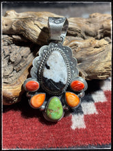 Load image into Gallery viewer, Kee Johnson, Navajo silversmith.  Sterling silver, White Buffalo, spiny oyster shell, and kingman turquoise pendant. 
