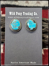 Load image into Gallery viewer, Chassity Belone, Navajo silversmith.  Sterling silver and Kingman turquoise round stud earrings.  
