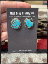 Load image into Gallery viewer, Chassity Belone, Navajo silversmith.  Sterling silver and Kingman turquoise round stud earrings.  
