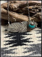 Load image into Gallery viewer, Sterling silver and Kingman turquoise, laser cut feather necklaces on a 16&quot; chain.
