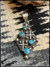 Load image into Gallery viewer, Sterling silver and turquoise, dot &amp; cross pattern pendant with a small bail .  A
