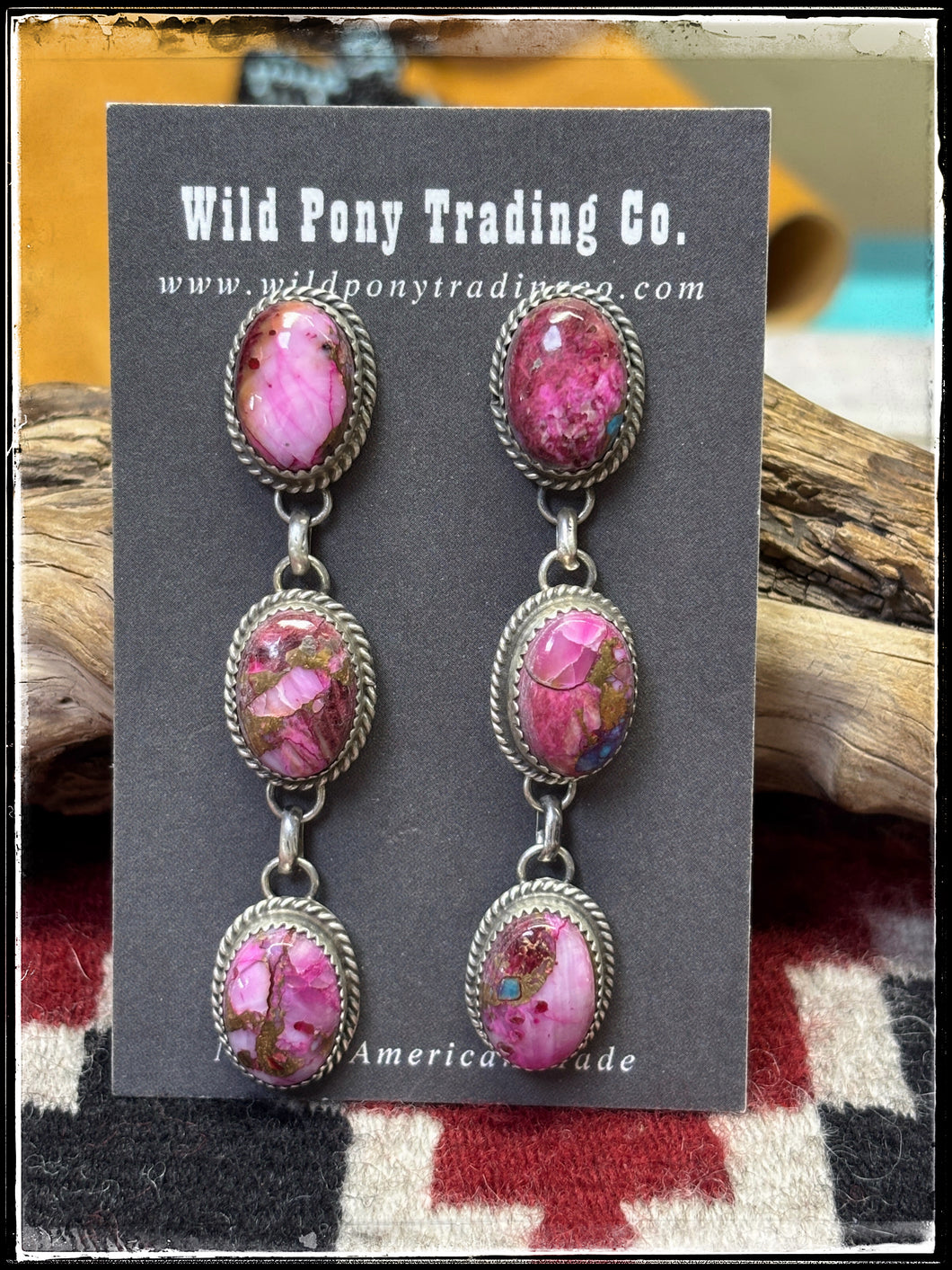 Freda Martinez, Navajo silversmith.  Sterling silver and Pink Dahlia (composite stone), triple drop earring. 