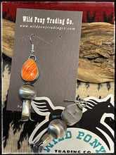 Load image into Gallery viewer, Tia Long, navajo silversmith, orange spiny and sterling silver squash blossom earrings 
