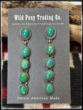 Load image into Gallery viewer, Latricia Largo, Navajo silversmith. Sterling silver and Kingman turquoise 5 stone drop earrings  
