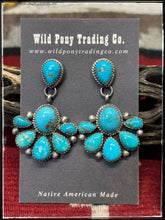 Load image into Gallery viewer, Debra Smith, Navajo silversmith.  Sterling silver and Kingman turquoise half cluster drop earrings.  Option A 
