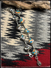 Load image into Gallery viewer, Augustine Largo, Navajo silversmith.  Kingman Krush and Kingman Orange Krush square link bracelets.  
