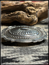 Load image into Gallery viewer, Carson Blackgoat, Navajo silversmith.  Sterling silver, hand stamped belt buckle.  
