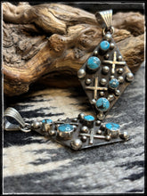 Load image into Gallery viewer, Sterling silver and turquoise, dot &amp; cross pattern pendant with a small bail .
