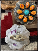 Load image into Gallery viewer, Kee Johnson, Navajo silversmith.  Sterling silver, orange spiny shell, and turquoise cluster rings with an adjustable band.   Hallmark stamp. 
