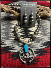 Load image into Gallery viewer, Matha Cayatineto sterling silver Naja with turquoise. Handmade beads with matching earrings from Navajo silversmith Calvin Largo. 
