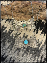 Load image into Gallery viewer, Rick Enriquez, sterling silver and kingman turquoise bowtie necklace on a 16&quot; chain.
