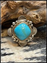 Load image into Gallery viewer, Ernest &quot;Bo&quot; Reeder, Navajo silversmith. Sterling silver and Arizona Blue turquoise set in sterling silver ring with an adjustable band.
