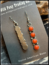Load image into Gallery viewer, Maxine Ramiriz , Navajo silversmith.  Four coral stick earrings set in sterling silver.  Hallmark. 
