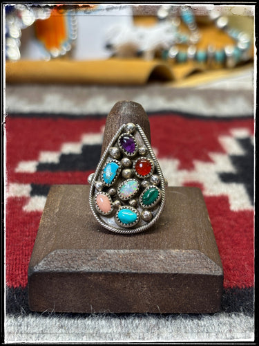 Priscilla Reeder, Navajo silversmith. Sterling silver and multi stone teardrop ring. Size 8. 