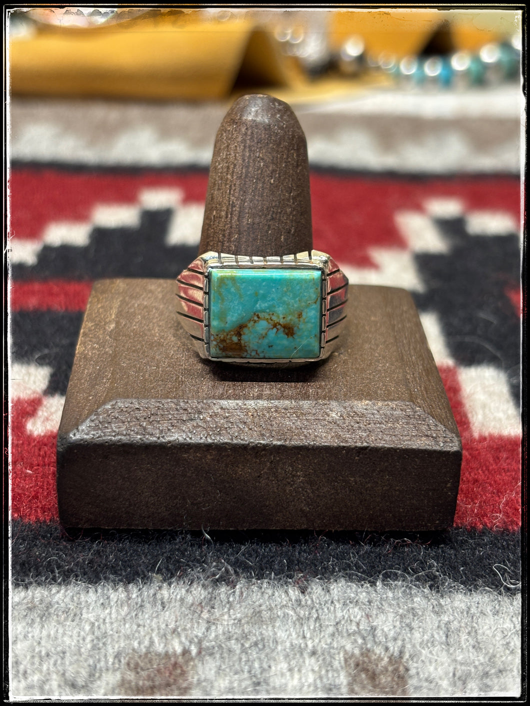 Sterling silver and Kingman turquoise signet style ring. Size 13, stamped with R.  Navajo made.  