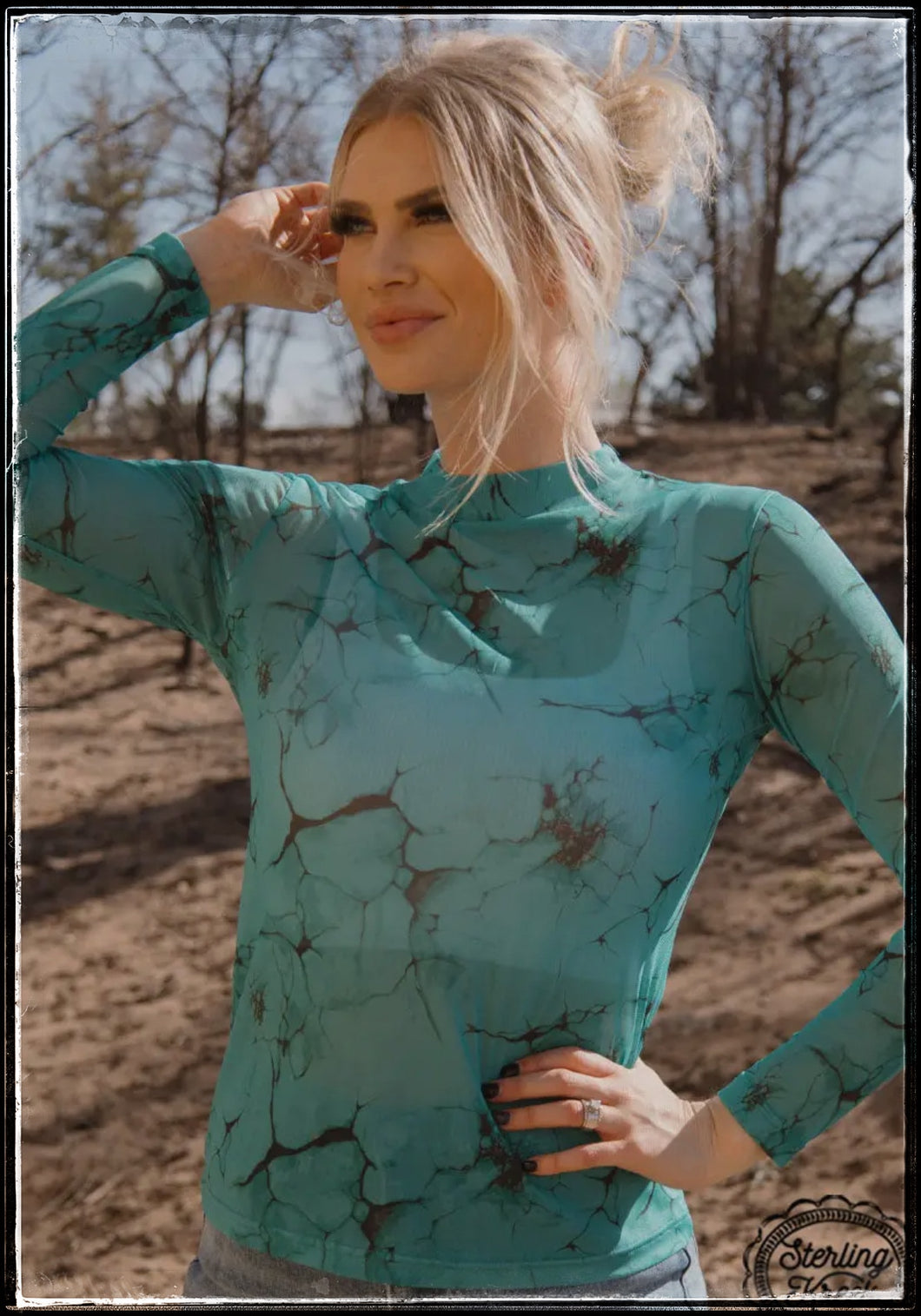 Turquoise slab mesh long sleeve top