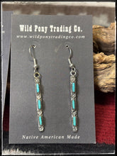 Load image into Gallery viewer, Murray Hannaweeka, Zuni silversmith.  Sterling silver and either three or four turquoise stick earrings. 
