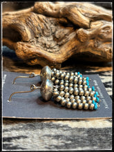 Load image into Gallery viewer, Jan Mariano, Navajo silversmith. Handmade bead chandalier earrings with one larger bead and six strands of 4mm pearl beads and turquoise ends

