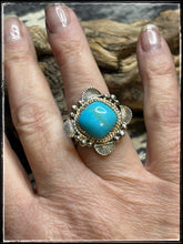 Load image into Gallery viewer, Ernest &quot;Bo&quot; Reeder, Navajo silversmith. Sterling silver and Arizona Blue turquoise set in sterling silver ring with an adjustable band.
