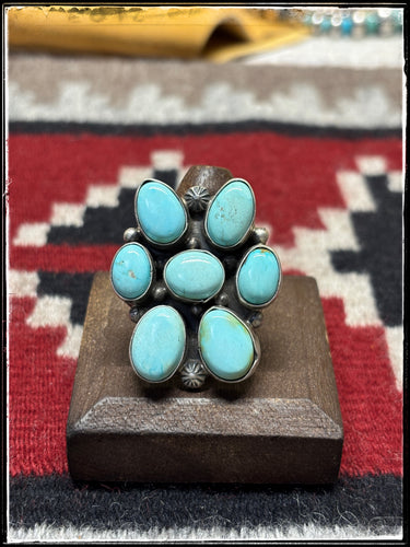 Travis Jim, Navajo silversmith. Sterling silver and Golden Hills turquoise cluster ring. 