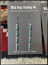 Load image into Gallery viewer, Murray Hannaweeka, Zuni silversmith.  Sterling silver and either three or four turquoise stick earrings.  Four stone  
