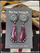 Load image into Gallery viewer, A beautiful pair of deep, purple spiny shells set in sterling silver from Navajo silversmith, Blaine Yellowhorse.
