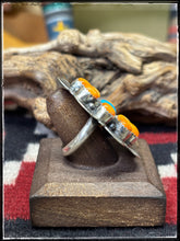 Load image into Gallery viewer, Kee Johnson, Navajo silversmith.  Sterling silver, orange spiny shell, and turquoise cluster rings with an adjustable band.  
