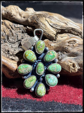 Load image into Gallery viewer, Travis Jim, Navajo silversmith.  Sterling silver and Golden Hills turquoise cluster pendant. 
