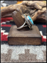 Load image into Gallery viewer, Blaine Yellowhorse, Navajo turquoise. Sterling silver and Kingman turquoise ring. Sz. 8 1/2
