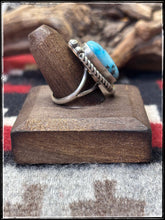 Load image into Gallery viewer, Blaine Yellowhorse, Navajo turquoise. Sterling silver and Kingman turquoise ring. Sz. 8 1/2
