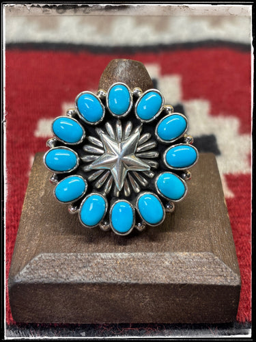 Pansy Johnson, Navajo silversmith.  Sterling and turquoise ring, size 7. 