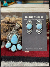 Load image into Gallery viewer, Darrin Livingston, Navajo silversmith.  Sterling silver and Golden Hills turquoise pendant and earring set. 
