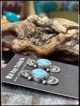 Load image into Gallery viewer, Darrin Livingston, Navajo silversmith.  Sterling silver and Golden Hills turquoise pendant and earring set. 
