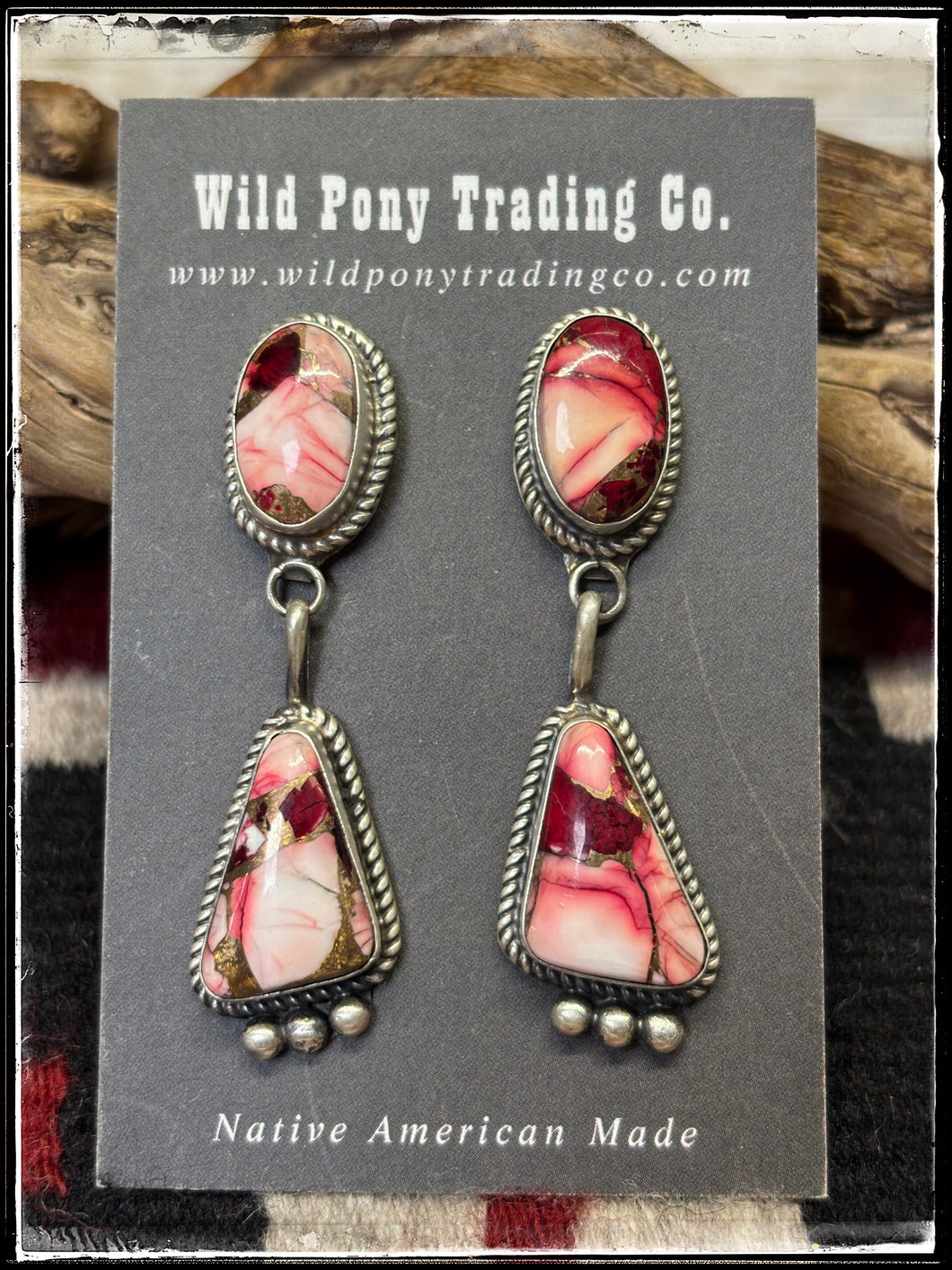 Judith Dixon, Navajo silversmith.  Sterling silver and Rose Dahlia, double drop earrings. 